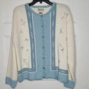 Napa Valley Petites sweater is a light blue acrylic blend cardigan in a size lar